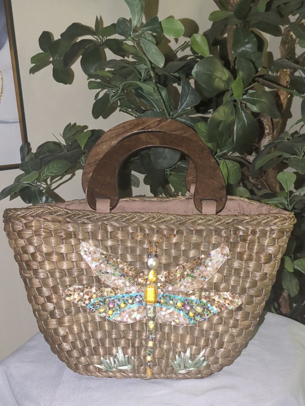 Vintage Cappelli Embellished Dragonfly Woven Tote Bag - Brown